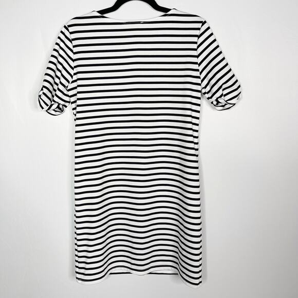 Ellison Medium Navy Blue White Striped Roll Tab Short Sleeve Sheath Dress Pocket - Picture 2 of 7